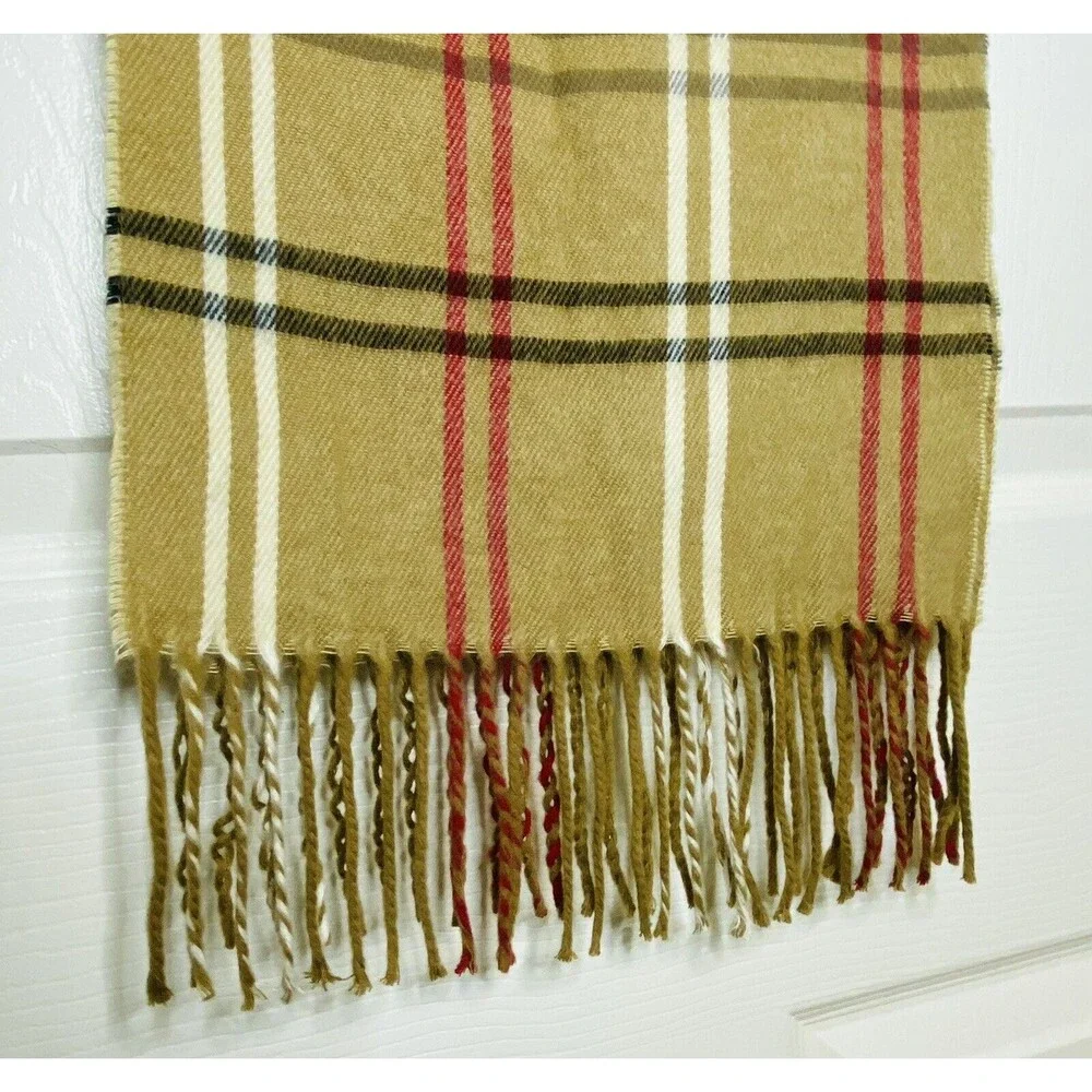 Cejon Scarf Made in Italy 11''x 57'' Fringe Brown Plaid Black Cream Red Tartan
